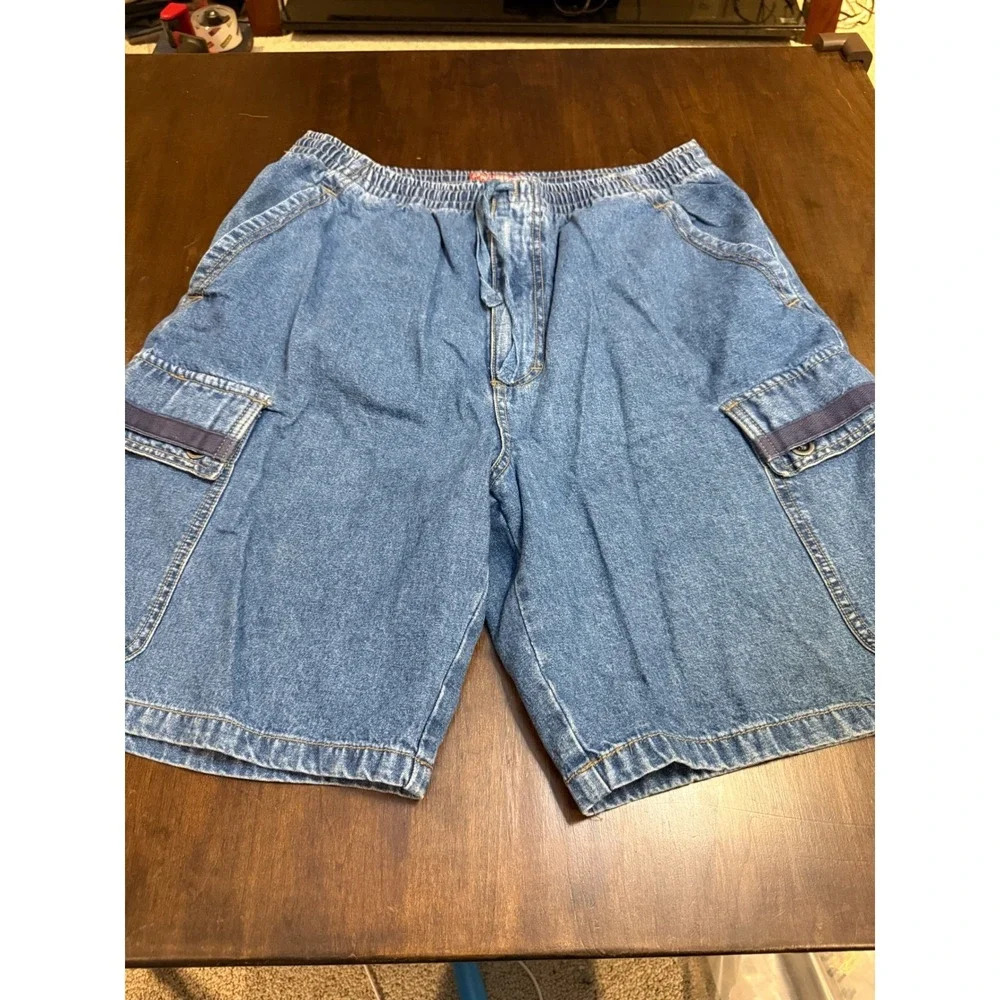 Unionbay Mens XL Vintage Denim Cargo Shorts Elastic Waist Blue Cotton Relaxed